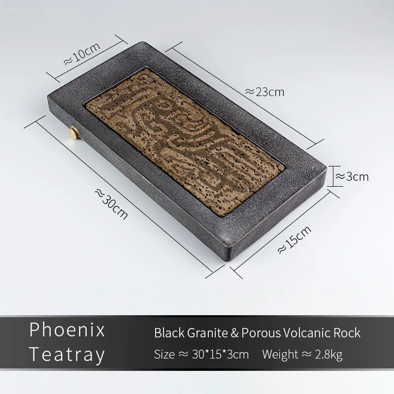 plateau thé pierre noire motif phénix insert poreux drain visible dimension 30x15cm decoration intérieure