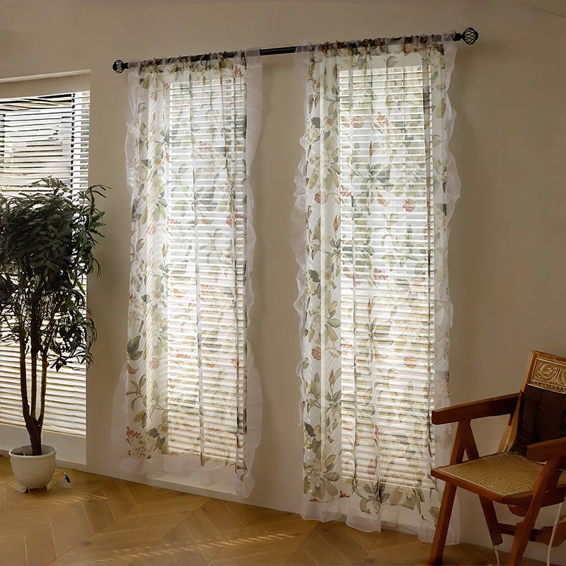 rideau tulle translucide imprimé floral fenetre maison pastorale decoration champetre anneaux tringle
