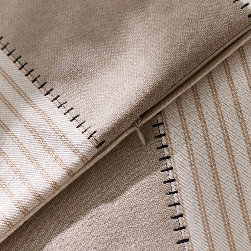 housse coussin décorative rustique rayures horizontales beige bleu marine rose clair polyester
