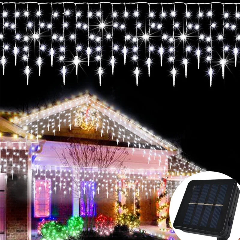 guirlande led gouttelettes translucides blanc chaud multicolore extérieur panneau solaire noel festive 162led 9m