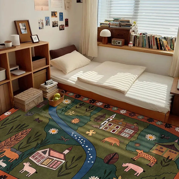 tapis patchwork velours motif floral boho décoratif salon chambre tapis chevet antidérapant bleu