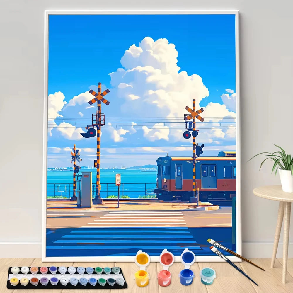 kit peinture numéros tableau paysage train toile pinceaux couleurs