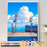 kit peinture numéros tableau paysage train toile pinceaux couleurs