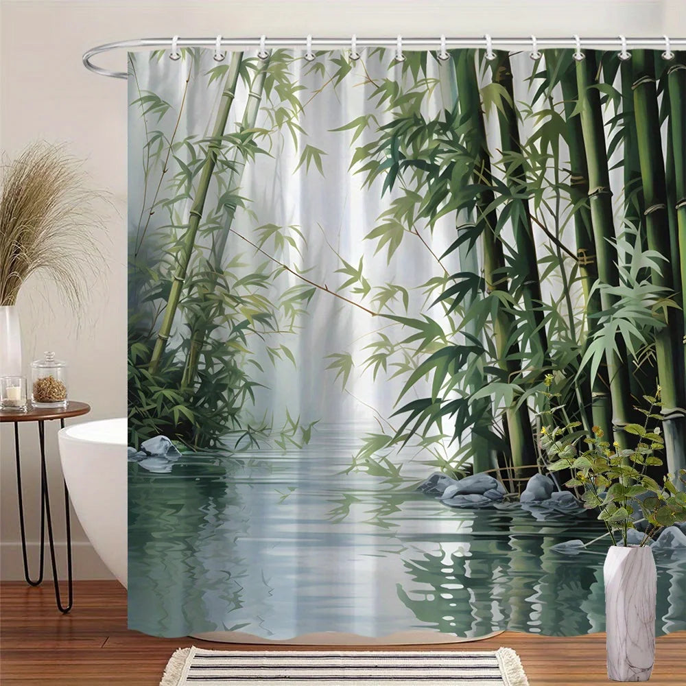 rideau douche bambou feuilles vert blanc gris nature opacité anneau fixe salle bain grande