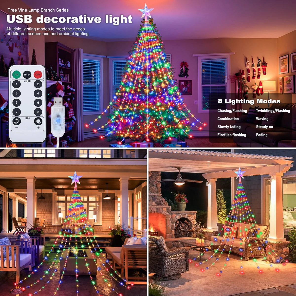 guirlande lumineuse extérieure multicolore 2m 3m modes éclairage décoration noël moderne étoiles télécommande usb