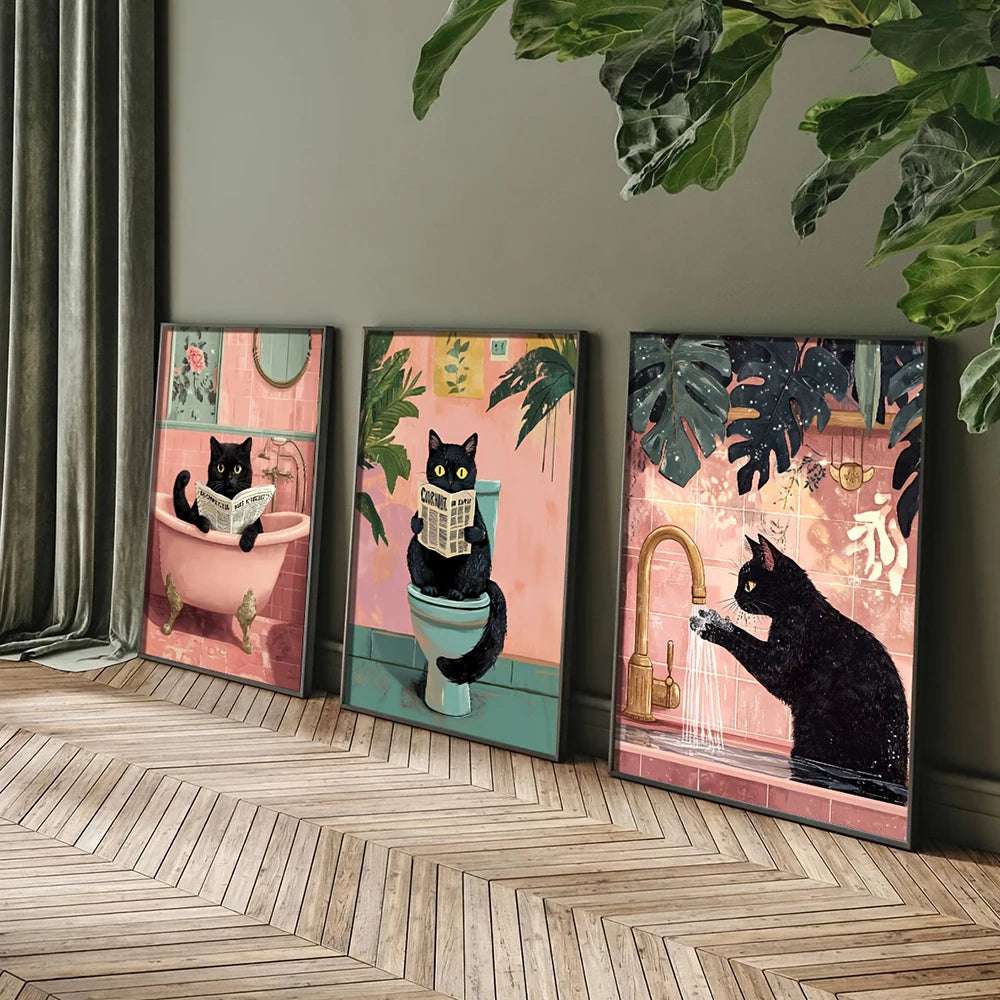 affiche toile chat noir toilettes plantes papier peint vintage humour illustration wall art decoration