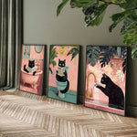 affiche toile chat noir toilettes plantes papier peint vintage humour illustration wall art decoration