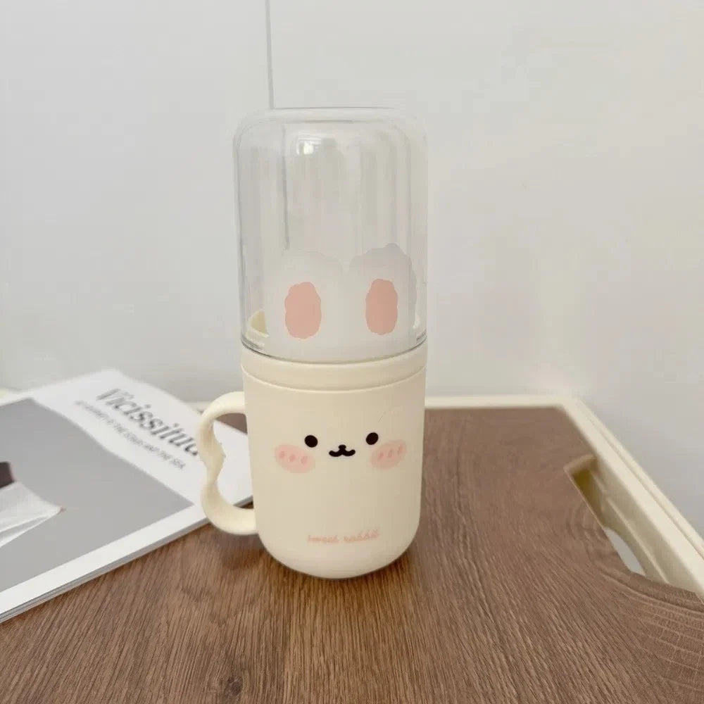 tasse dents dessin animé rose blanche oreilles lapin réutilisable moderne enfantine poignée transparente