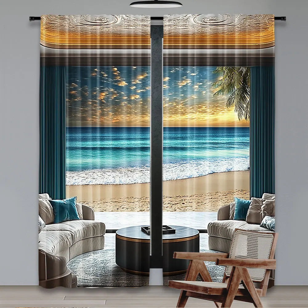rideau moderne paysagiste bleu marine océan soleil couchant semi transparent polyester panneaux 75x166cm 105x230cm