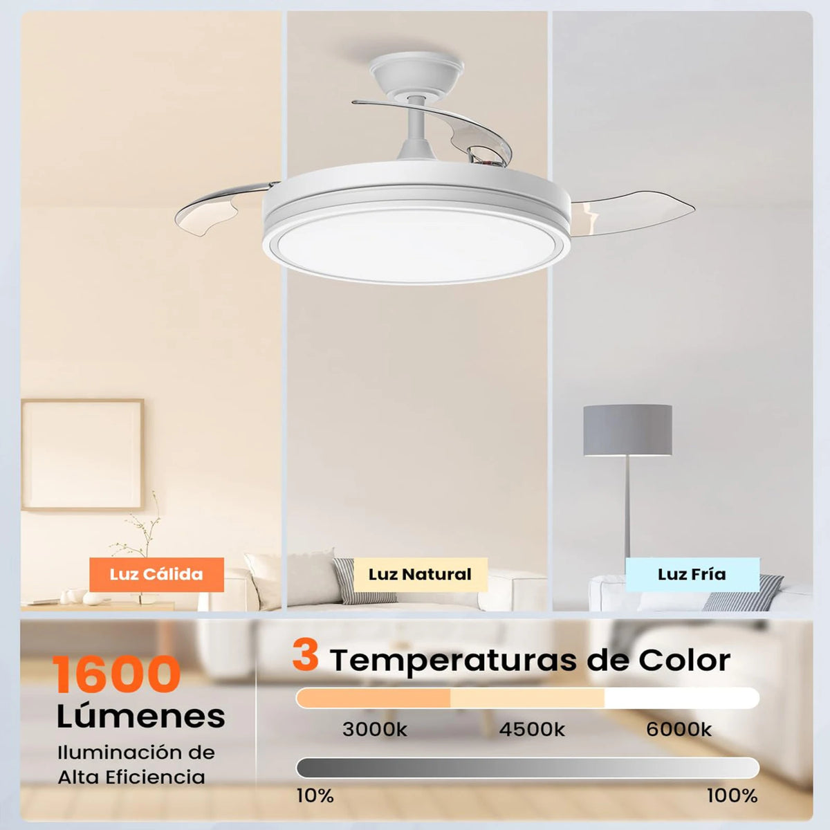 ventilateur rétractable blanc moderne lampe led vitesses télécommande minimaliste lumière variable pales invisibles