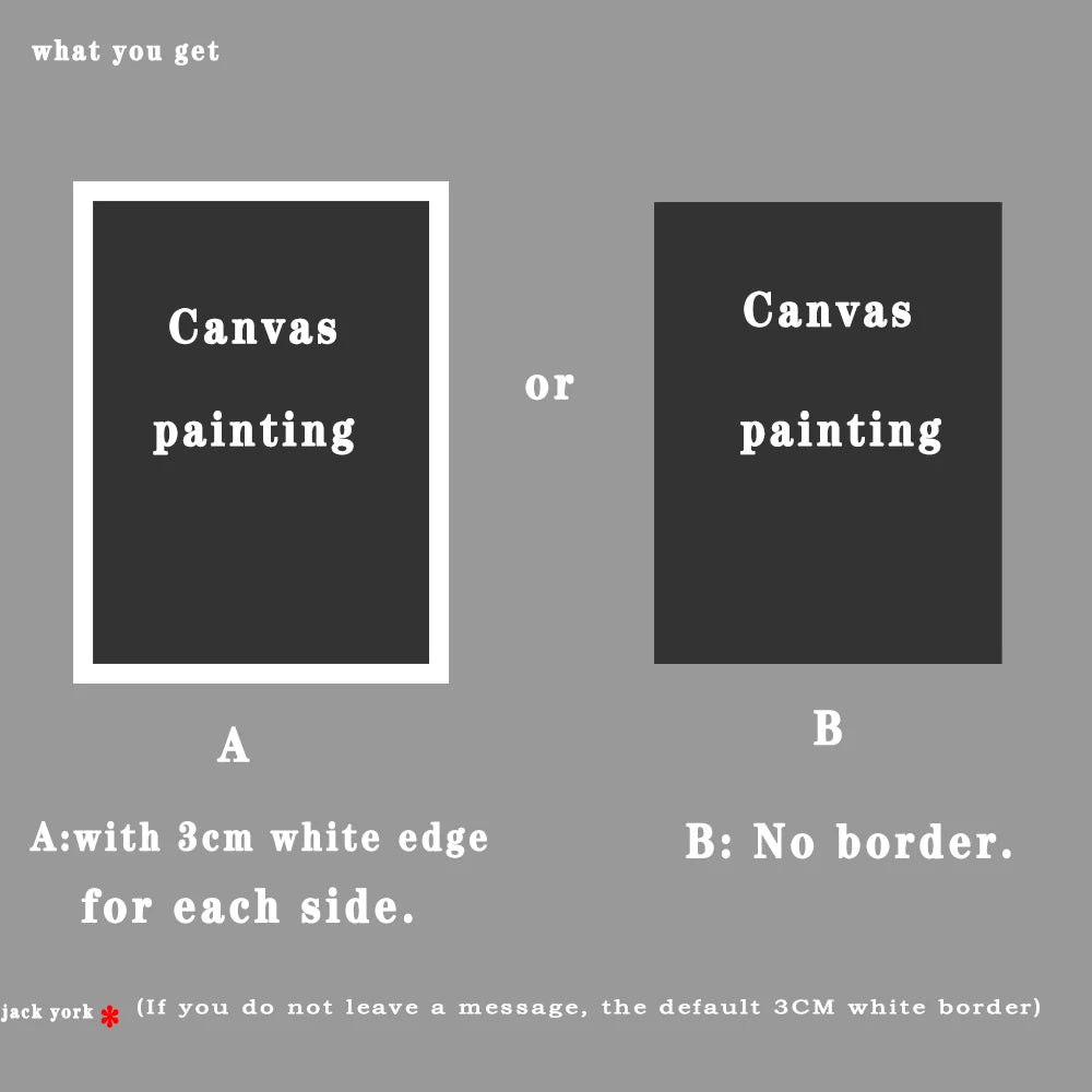 Un choix entre un canvas avec bordure blanche de 3 cm ou un canvas sans bordure, deux options pour une peinture ou une toile d'art.