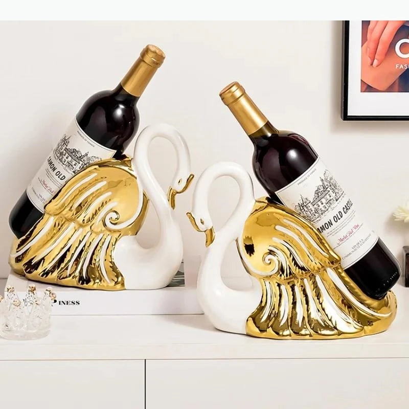 présentoir vin cygne blanc or argent plumes décoratif élégant bouteille rouge moderne sculpture animal