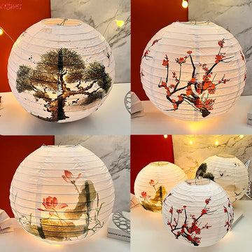 lanternes rondes papier paysages asiatiques motifs rouges blancs décoration intérieure semi transparentes suspension ficelle