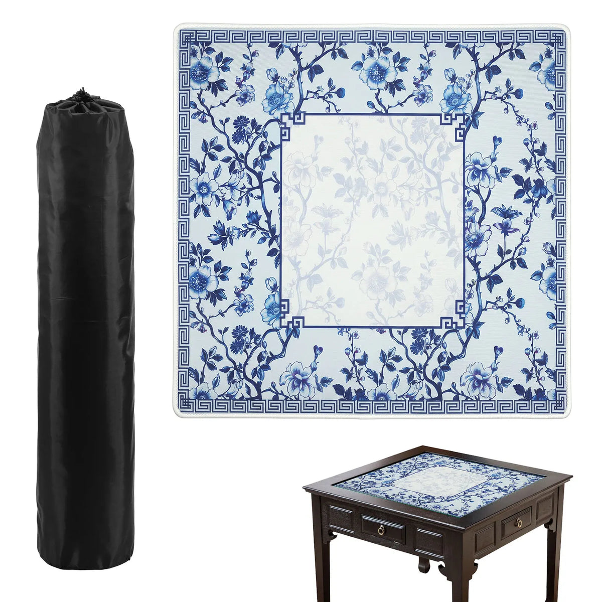 tapis jeu mahjong fleurs bleues classique sac rangement blanc floral table partie événement familial
