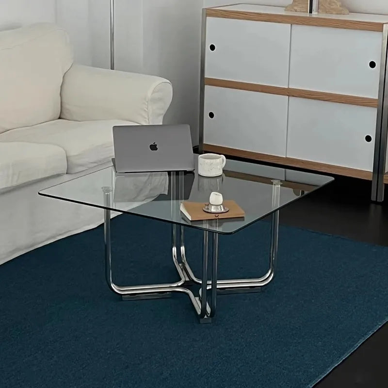 table basse moderne minimaliste transparente verre chromé pieds simples salon chambre