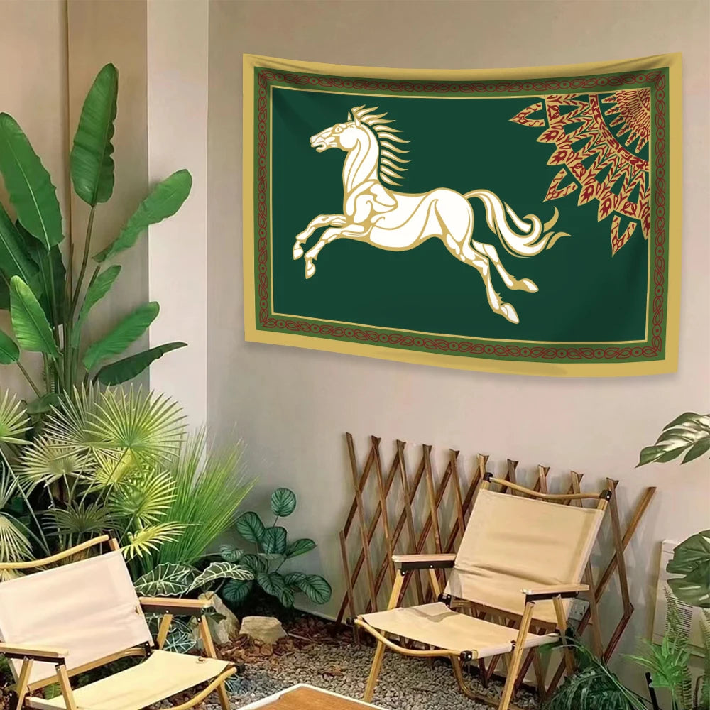 tapisserie art déco vintage cheval galopant vert foncé blanc doré decoration mur