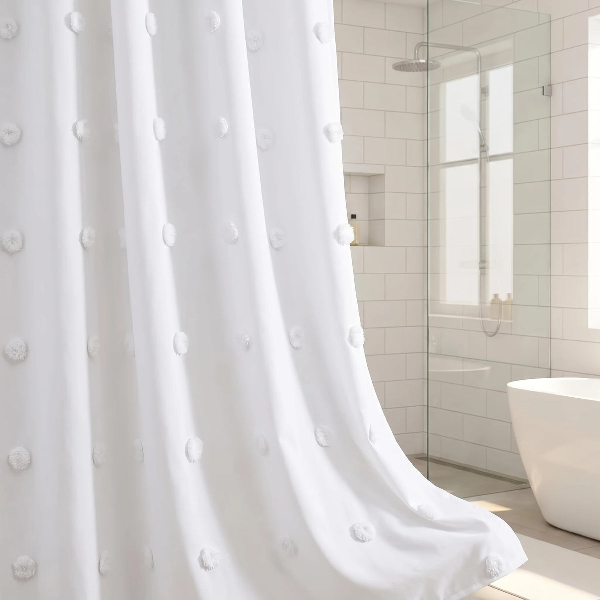 rideau douche blanc pompons polyester texture jacquard moderne respectueux environnement