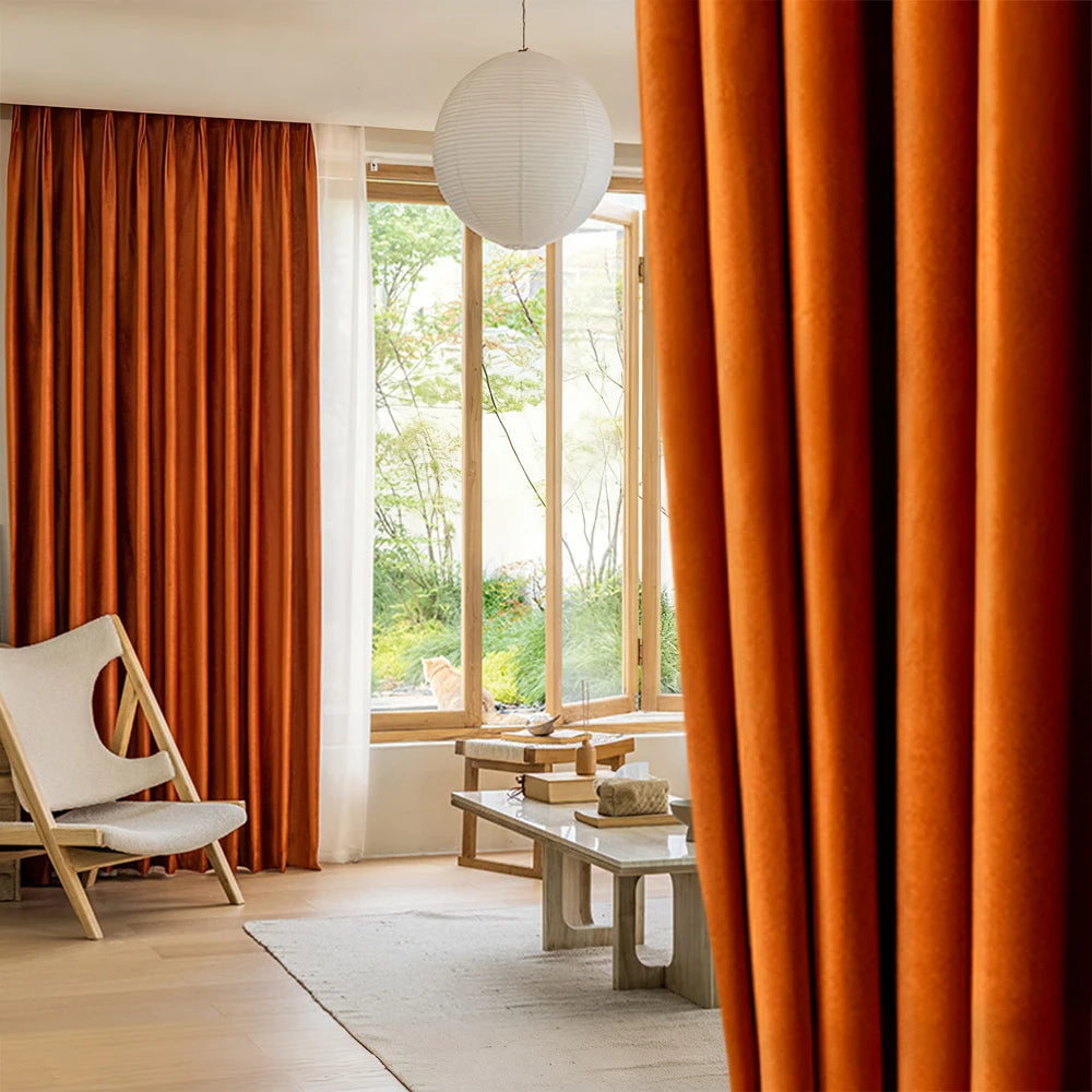 rideau moderne orange uni polyester épais coupe vent isolation sonore extérieur salon chambre