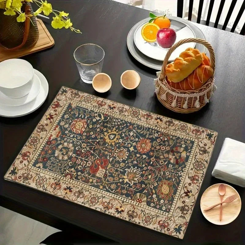 tapis table classique ornements floraux bleu marine beige rouge vert lin festive salle manger