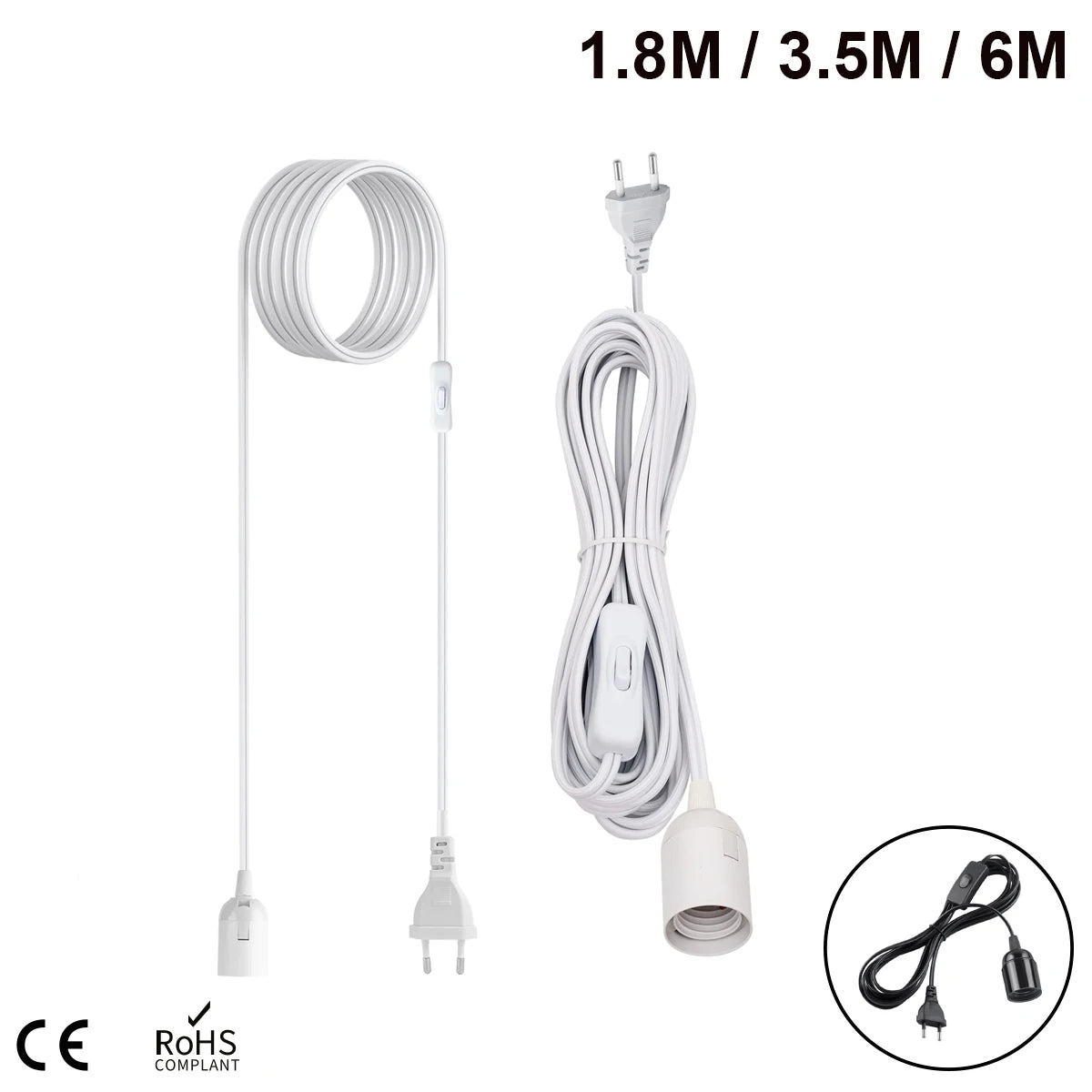 câble électrique blanc moderne prise interrupteur ampoule E27 lisse opaque 6m