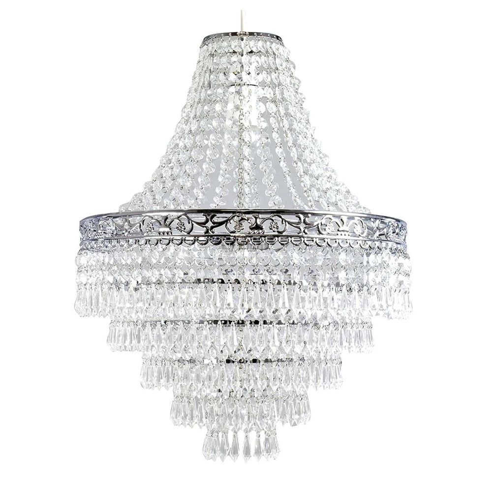 lampe suspendue transparente cristal motifs floraux classique baroque anneaux métalliques 36cm large 47cm haute
