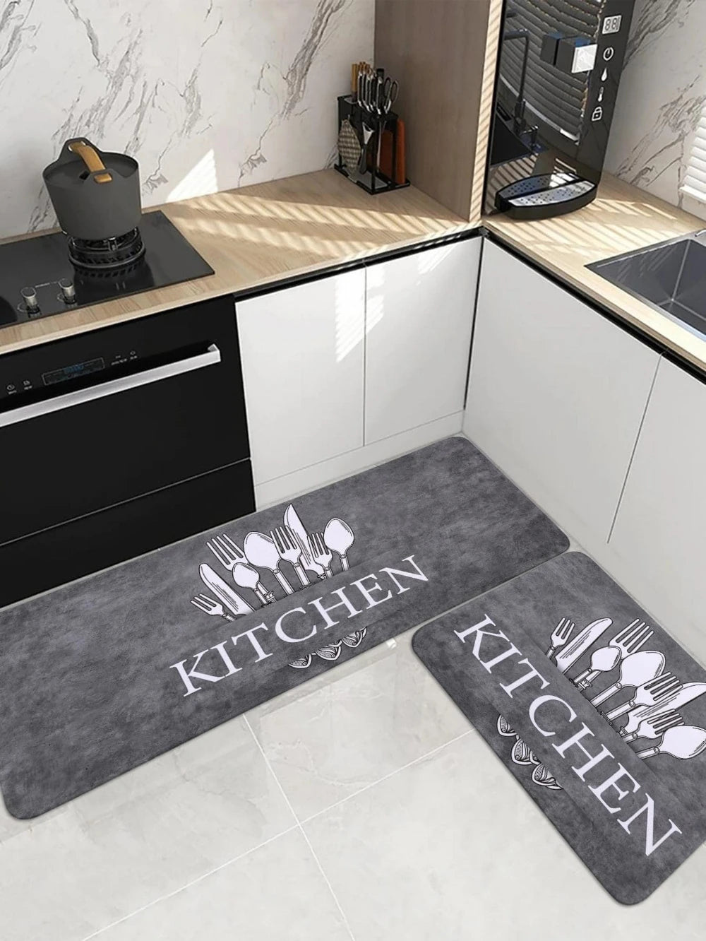 tapis non slip cuisine motif couverts gris moderne 40x120cm doux