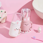 tasse dents dessin animé rose blanche oreilles lapin réutilisable moderne enfantine poignée transparente