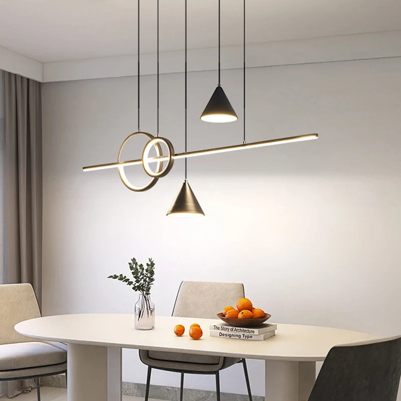 lustre led moderne suspension noir doré blanc minimaliste abatjour conique annulaire