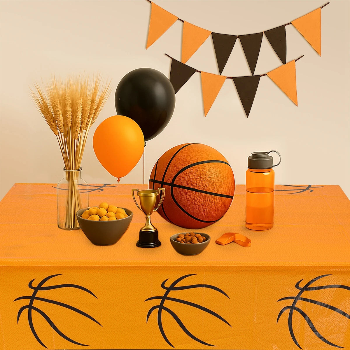 décoration fête anniversaire basket ball assiettes gobelets serviettes guirlande ballon bouteille table orange noir