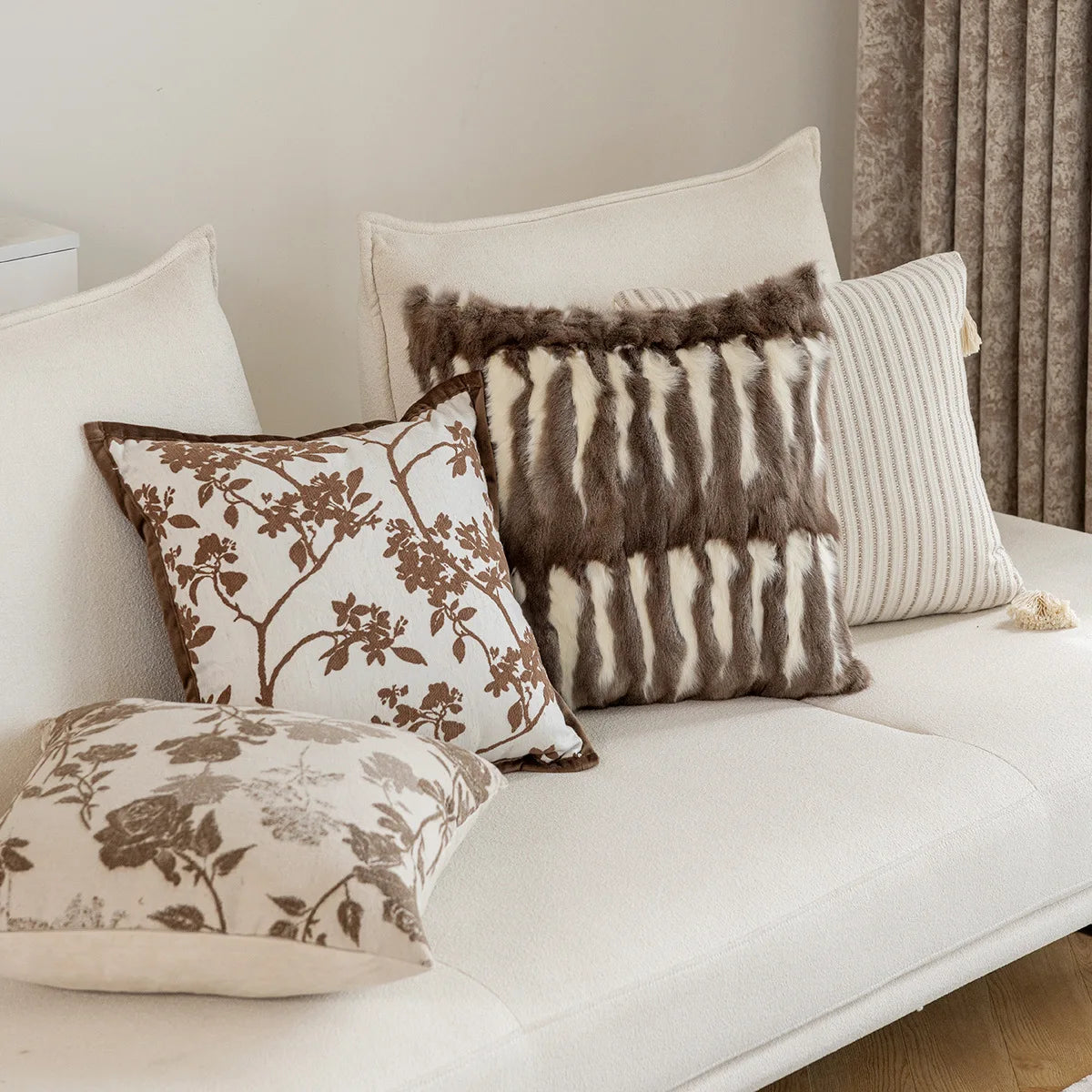coussin housse jacquard fleur beige marron moderne adhésif tassel voiture decoration 35x90cm 45x45cm polyester.velours