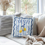 coussin bleu clair motif floral vintage 45x45cm rayures horizontales citrons jaunes