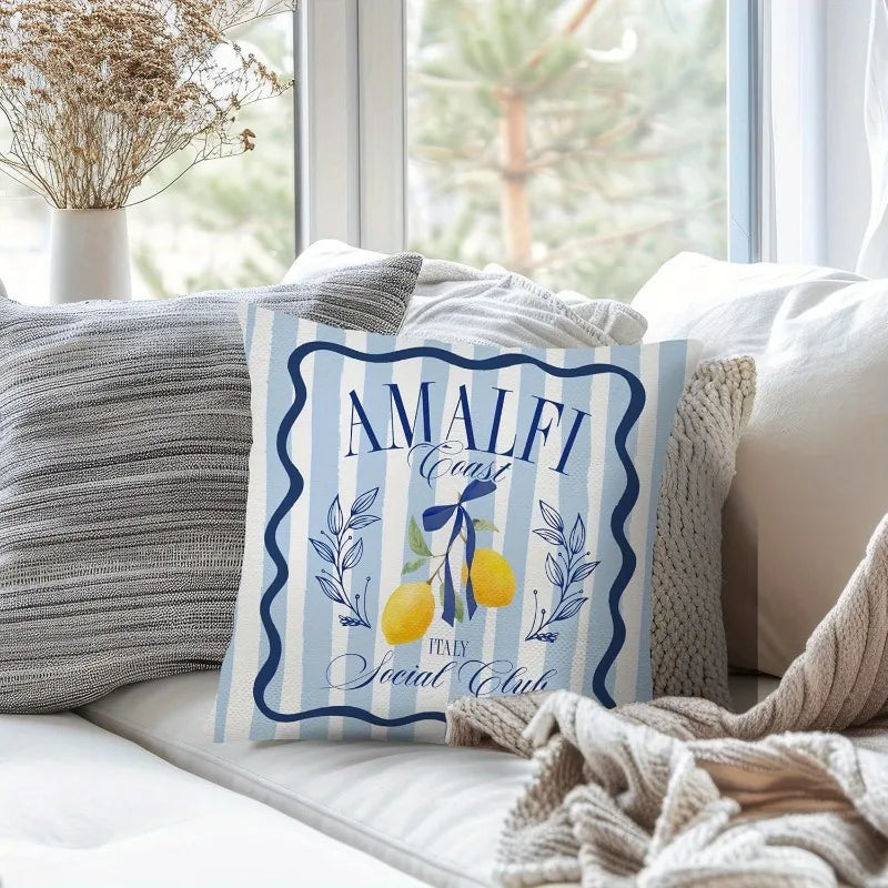 coussin bleu clair motif floral vintage 45x45cm rayures horizontales citrons jaunes