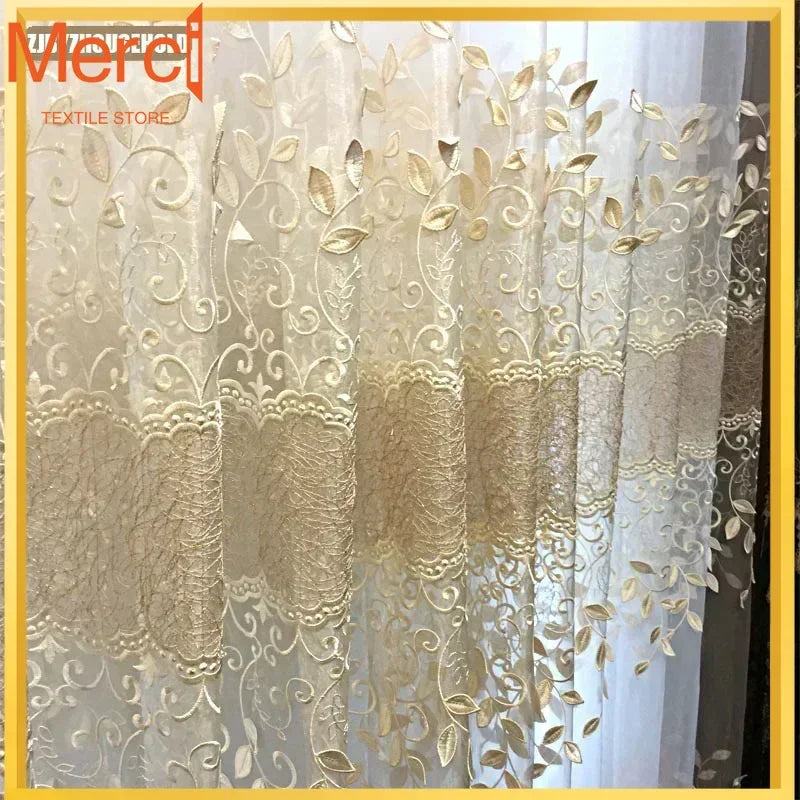 rideau tulle transparent broderie feuilles dorées beige classique salon chambre salon salle manger