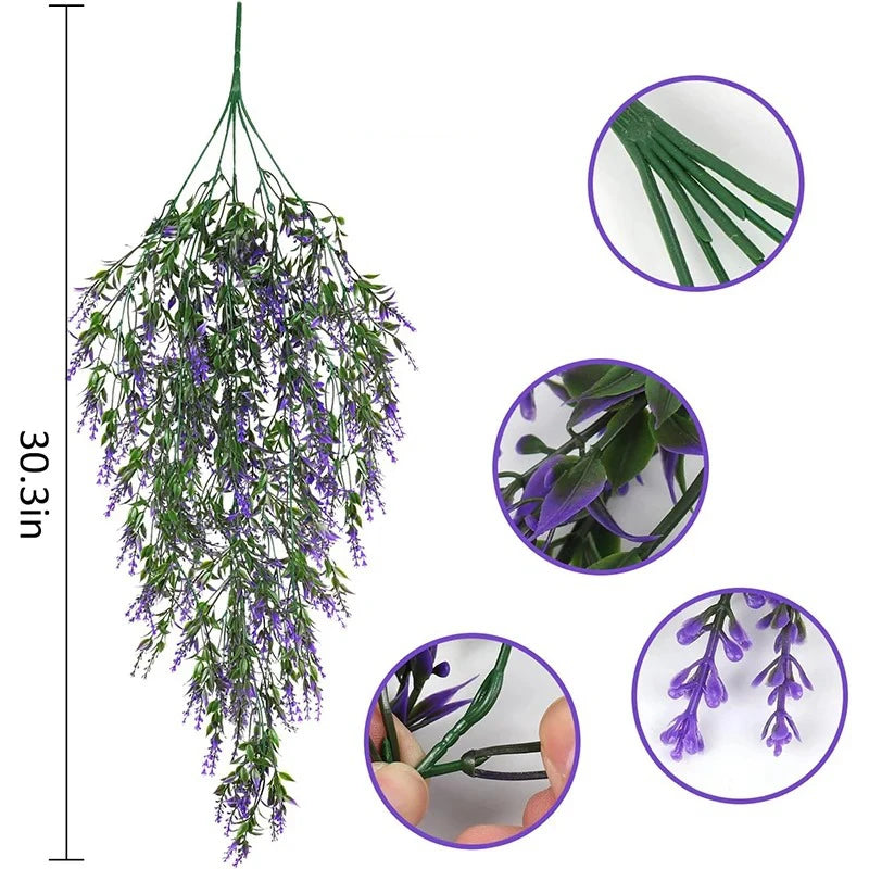 guirlande artificielle fleurs violettes feuilles vertes moderne extérieure accrochée chaîne métallique décoration jardin mariage
