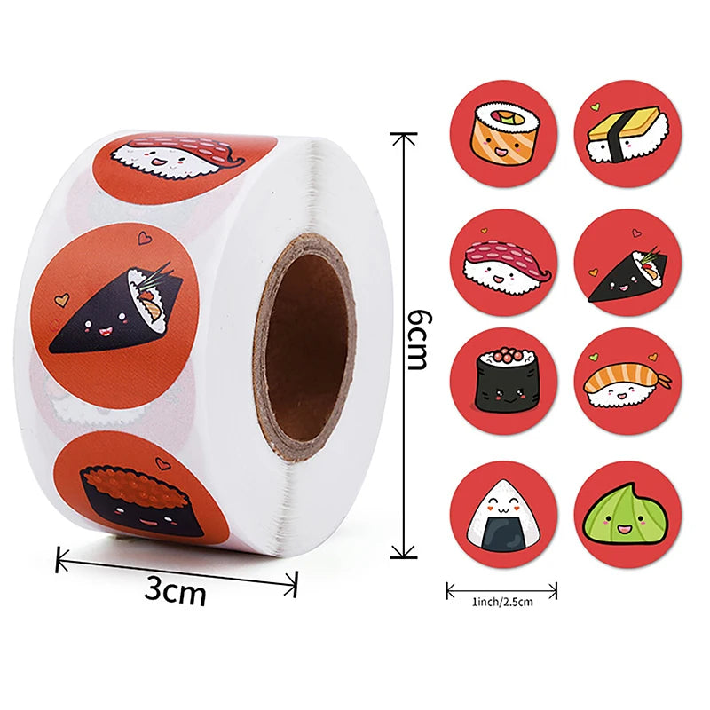stickers adhésifs sushi cartoon visage couleurs diverses blanc rouge noir vert orange jaune rose