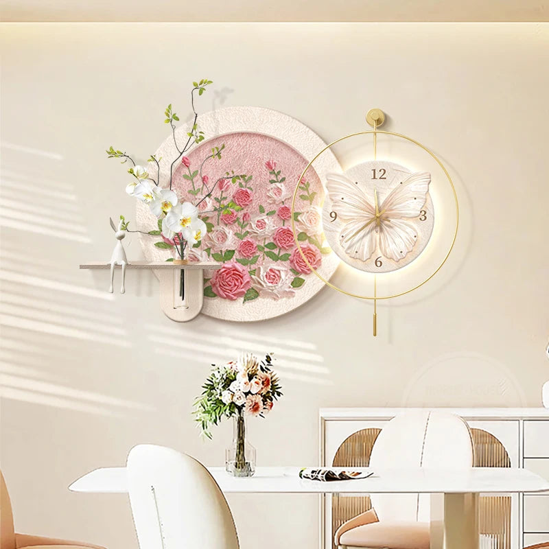 horloge murale moderne fleurs papillon rose blanc doré