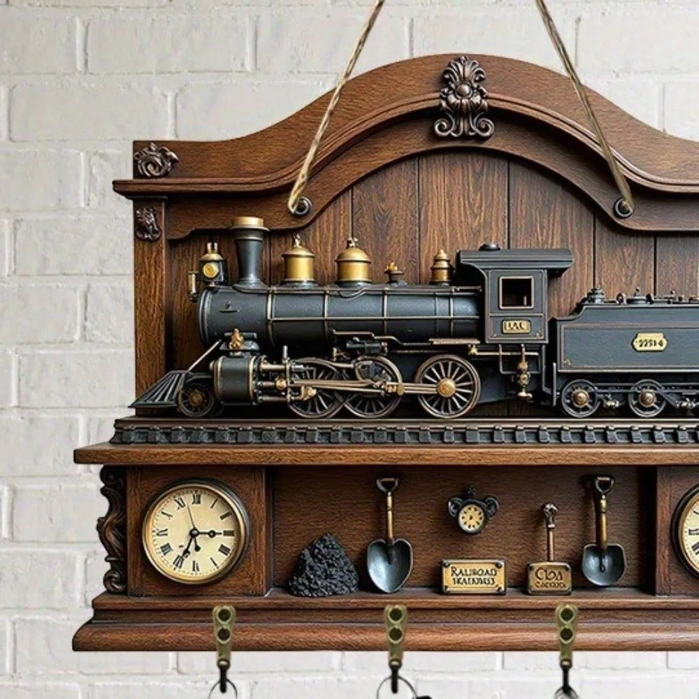 horloge murale vintage bois clair miniature train plaques metalliques retro