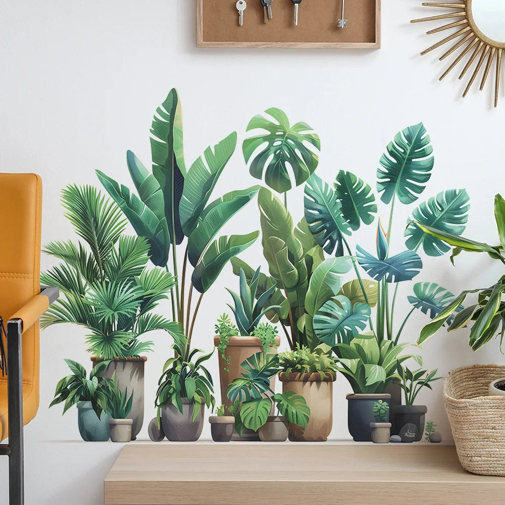 sticker mural plantes pots feuilles diverses moderne minimalisteintérieur décoration vert marron beige blanc
