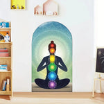 panneau mural contemporain yoga silhouettes floraux adhésif bleu orange jaune vert noir blanc chambre