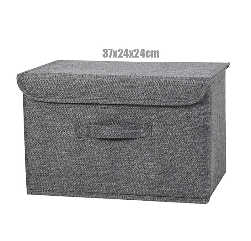 boîte rangement pliable tissu lin gris beige couvercle poignées vêtements