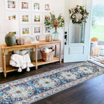 tapis géométrique bohème bleu blanc orange salon salle bain moderne ornement floral