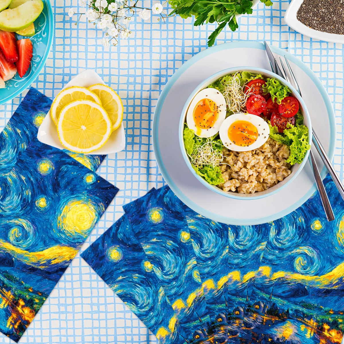 serviettes jetables bleu jaune noir motif van gogh nuit étoile pliées dépliées festive artísticas