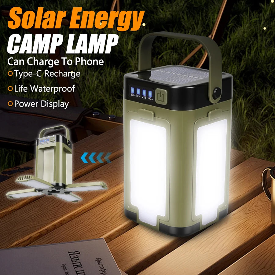 lampe camping solaire rechargeable led vert olive noir moderne modes affichage puissance poignée amovible