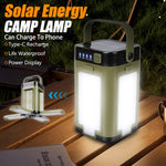 lampe camping solaire rechargeable led vert olive noir moderne modes affichage puissance poignée amovible