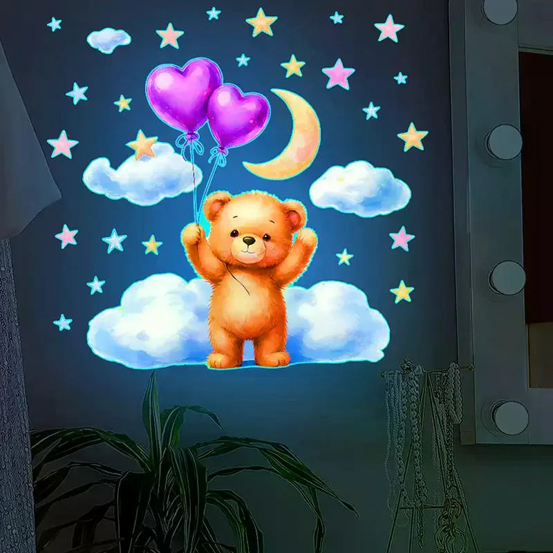 sticker mural ours ballons nuages étoiles lune chambre bain orange blanc bleu violet rose