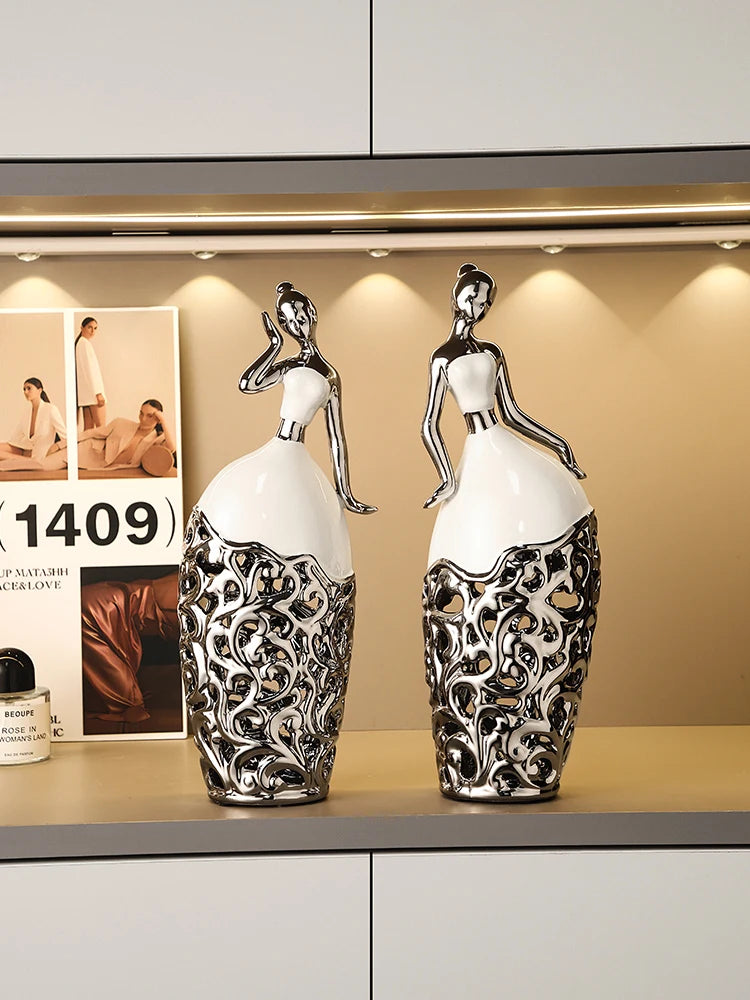 figurines féminines modernes céramique blanche argentées décoration intérieure étagères salon meuble vin cadeau simple