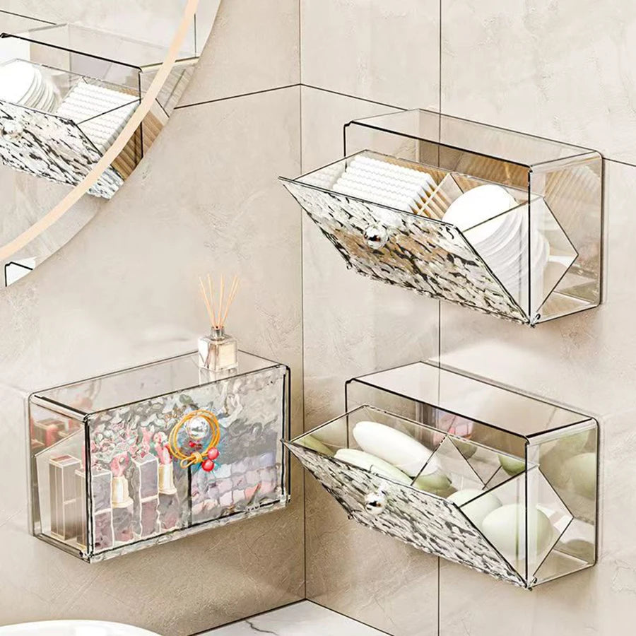 boîtes rangement murales transparentes modernes marbrées trousses maquillage coton tiges serviettes bâtonnets ongles salle