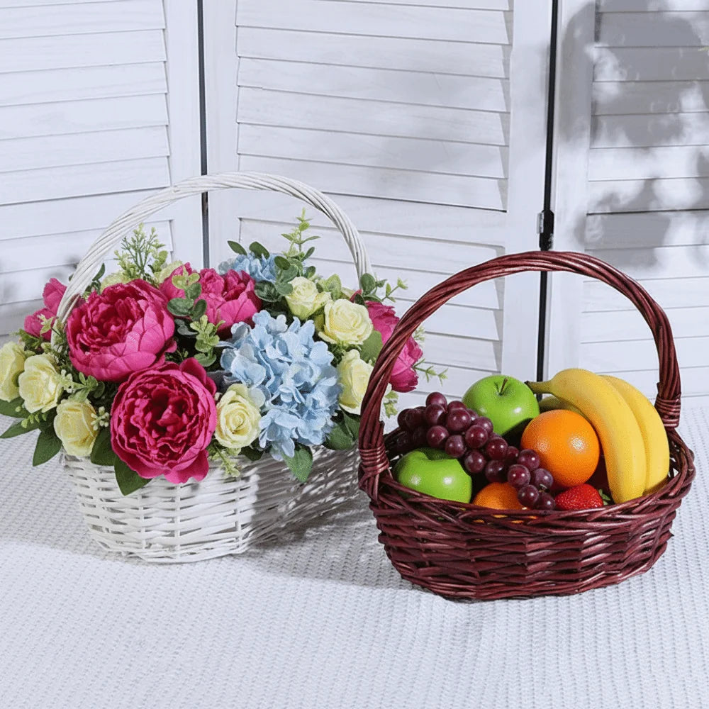 panier tressé marron blanc empilable rangement snacks bonbons classique rustique poignée intégrée tissage traditionnel