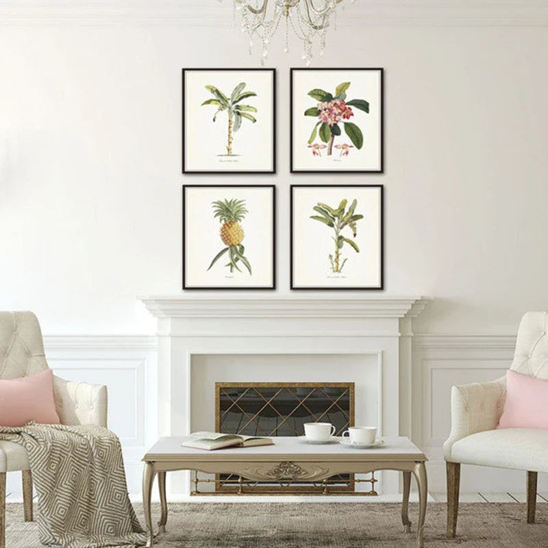 affiche botanique vintage tropicale ananas palmier décoration murale salon toile cadre noir vert