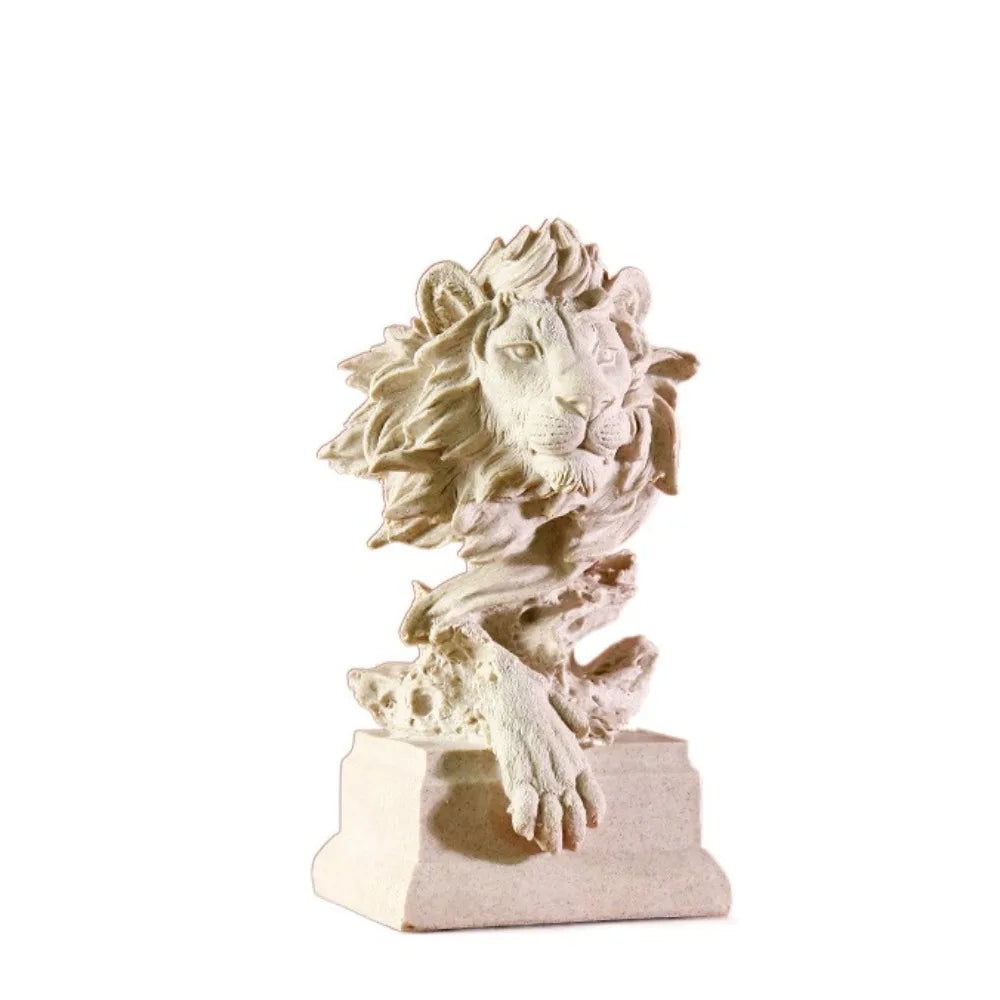 statue lion décorative bois imitation détaillée moderne ornement entrée beige doré argenté